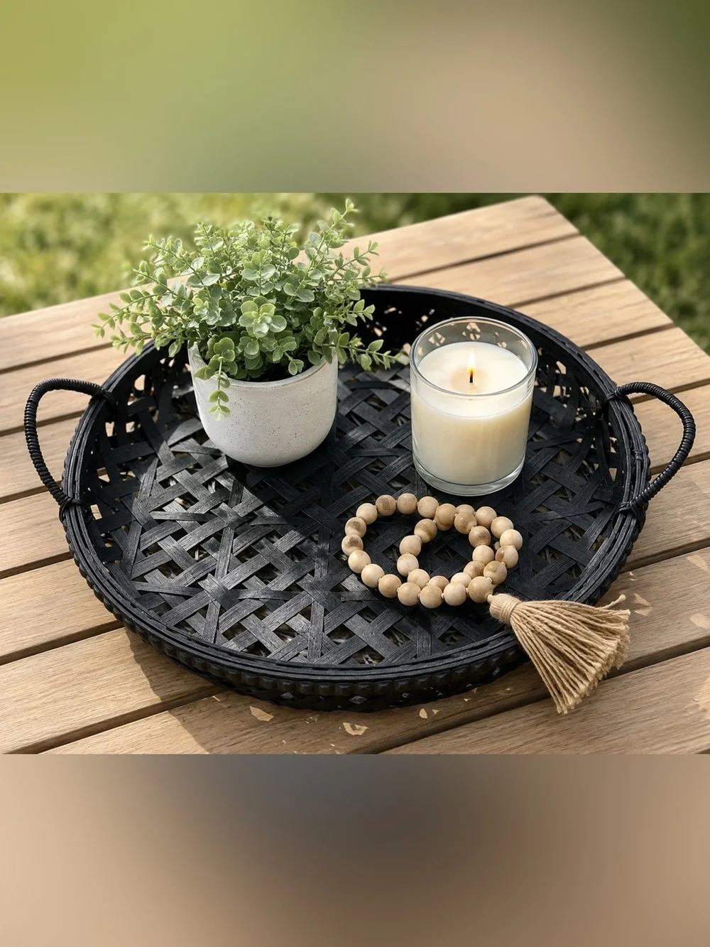 Black Woven Rattan Tray Coffee Table Decor Wall Hanging